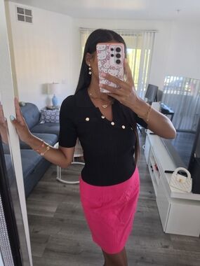 Women’s Black Ribbed Polo Top with Button Detail
